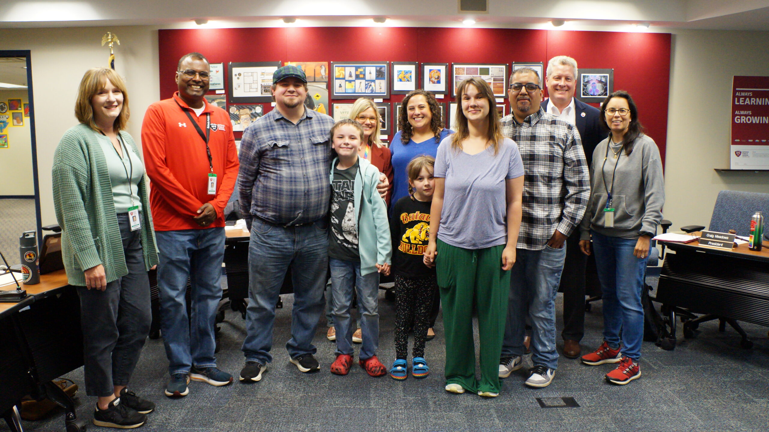 <p>Front (Blue Star Award): Emmett and family. Back (Board of Ed): Kristin, Rob, Katy, Danielle, Aaron, and Raquel.  </p>
