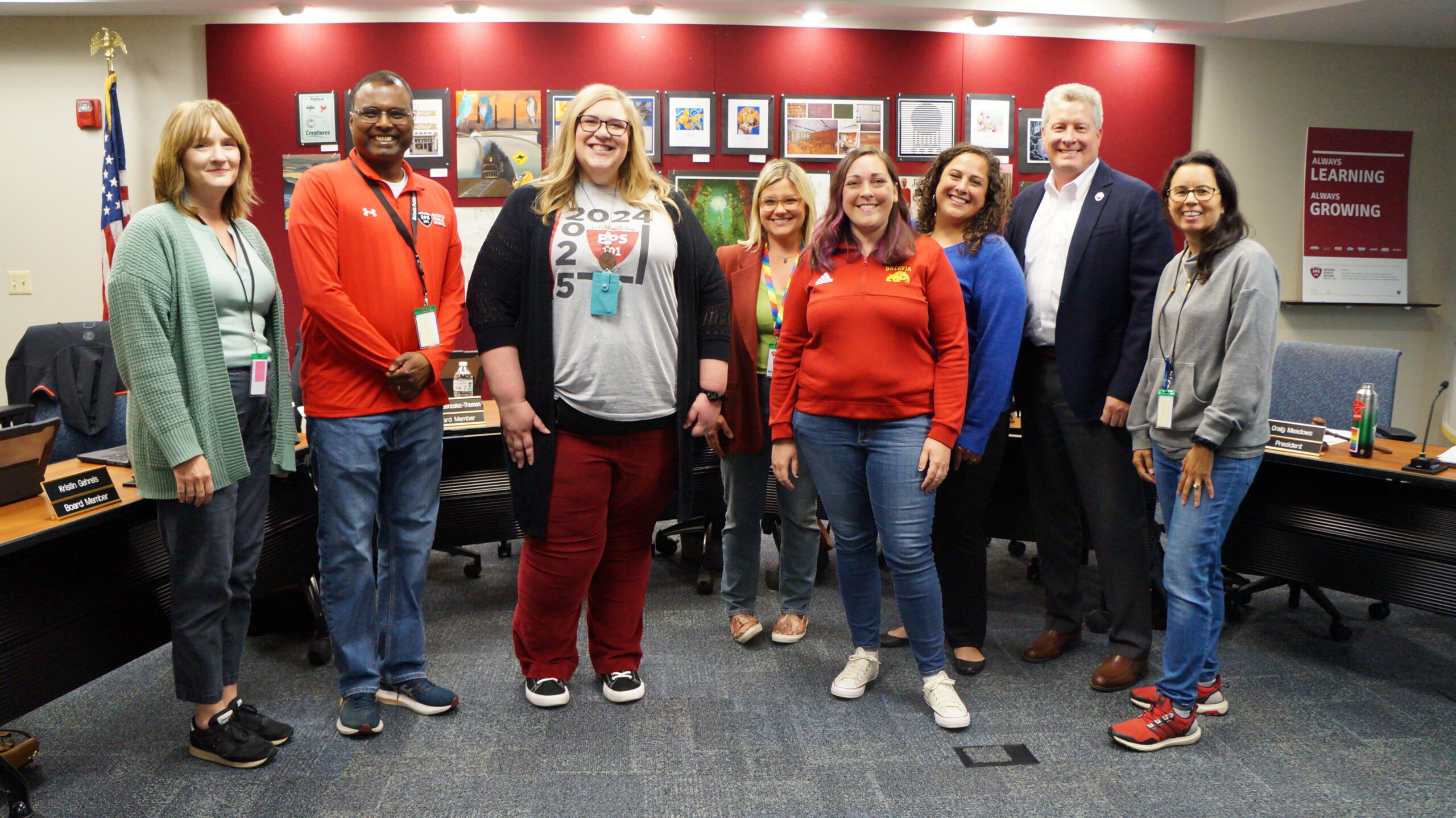 <p>Front (Educators of the Year Nominees): Lisa Hatfield and Heather Mendel. Back (Board of Ed): Kristin, Rob, Katy, Danielle, Aaron, and Raquel.</p>

