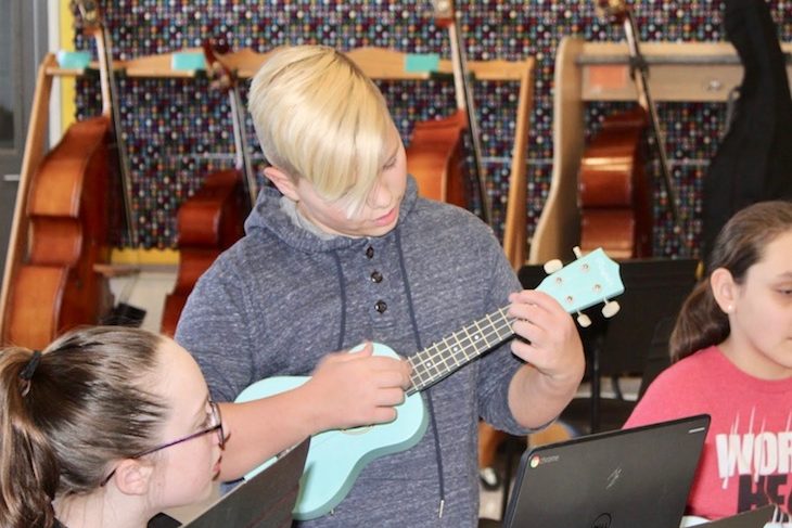 <p>Ukulele Club members practicing “Somewhere Over the Rainbow.”</p>
