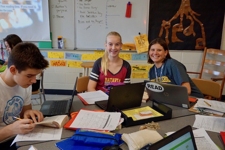 <p>Language Arts Teacher Katie Gabris reading alongside her student in Becky Cain’s class.</p>
